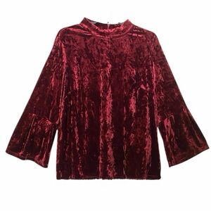 Ellos Crushed Velvet Bell Sleeve Top Red Wine Size 18/20 Stretch Mock Neck Y2K